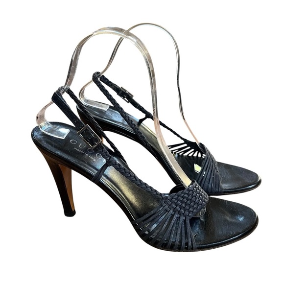 Vintage Gucci Black Braided Strappy Open Toe Sandal Stiletto Slingback Heel SZ 8 - Picture 1 of 16